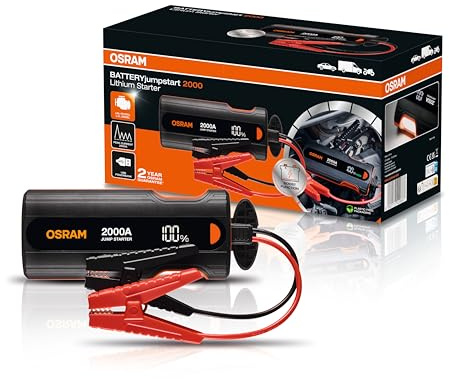 OSRAM BATTERYjumpstart 2000, Lithium Starthilfegerät 12V, 2000A Auto Batteriestarter, Powerbank USB-C, für Benzinmotoren bis 8L & Diesel bis 4L
