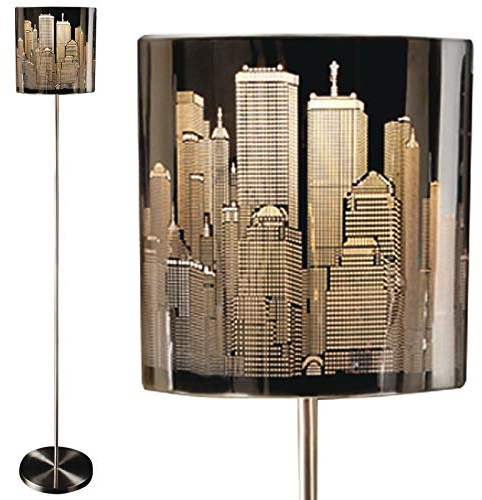 Burwells New York Skyline Floor Lamp – Freestanding Mains Powered Light with Brushed Chrome Base & Big Apple City Skyscraper Design Shade for Home or Office – H136 x 20cm Diameter