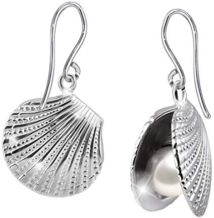 MATERIA Damen Ohrringe Perlen hängend - rhodinierte 925 Silber Ohrhänger Muschel Perle weiß mit Geschenk-Box #SO-330