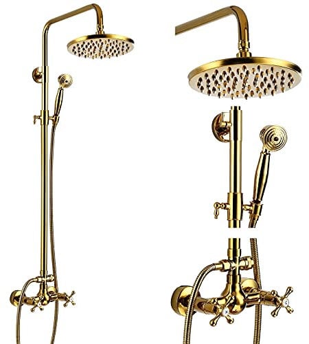 gotonovo Exposed Bathroom Shower Faucet Set Shower Fixture 8 Inch Rainfall Shower Head Handheld Shower Cross Handle Wall Mount 2 Functions Polished Gold