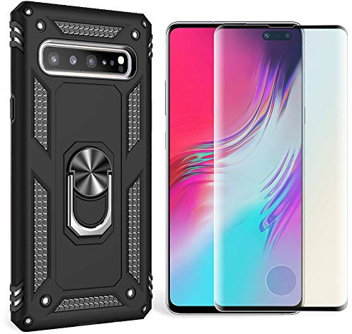 NALIA Coque + Verre Trempé Compatible avec Samsung Galaxy S10 5G, 9H Tempered Glass & Cover avec Anneau Rotation de 360°, Support de Voiture Magnetique, Hard-Case & Silicone Bumper, Couleur:Noir