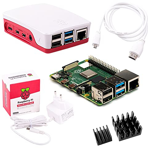 BerryBase Raspberry Pi 4B 4GB Full Starter Kit inkl. Raspberry Pi 4 4GB, dem offiziellem Case und Netzteil, Noobs Betriebssystem auf einer SD-Karte, zwei HDMI Kabeln und 4-teilig Kühlkörper, weiß