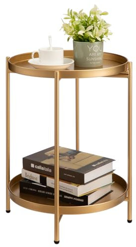 HollyHOME 2-Tier Round Gold Side Table, Outdoor Small Folding Accent Stand with Removable Tray, Anti-Rust Metal Asional Table for Balcony Patio Living Room, Nightstand for Bedroom(Gold)