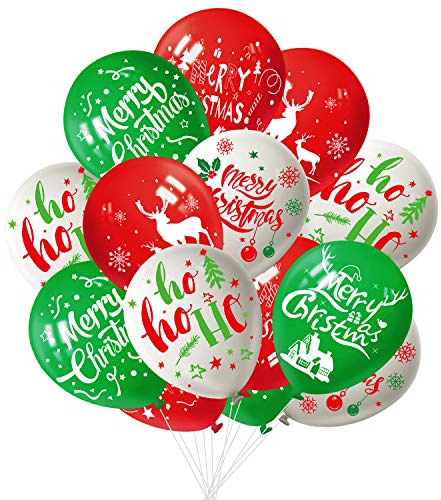 FEPITO 50Pcs Weihnachtsfeier Ballon 12 Zoll Weiß Rot und Grün Latex Weihnachtsballons, 6 Frohe Weihnachten Stil für Weihnachtsdekoration Party Supplies