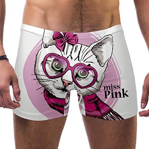 Lorvies Herren Badeanzug, Katze mit rosa Brille, Schal und Schleife, kurz, quadratisches Bein, schnell trocknend, Größe S Gr. S 7-9, multi