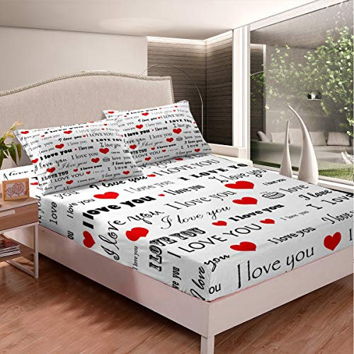 Loussiesd I Love You Drucken Spannbetttuch Ich Liebe Dich Briefe Spannbettlaken Liebesbrief rot Herz Bettlaken Set 90x200cm Weiß schwarz Polyesterbetten Set für Liebhaber Paare Valentinstag
