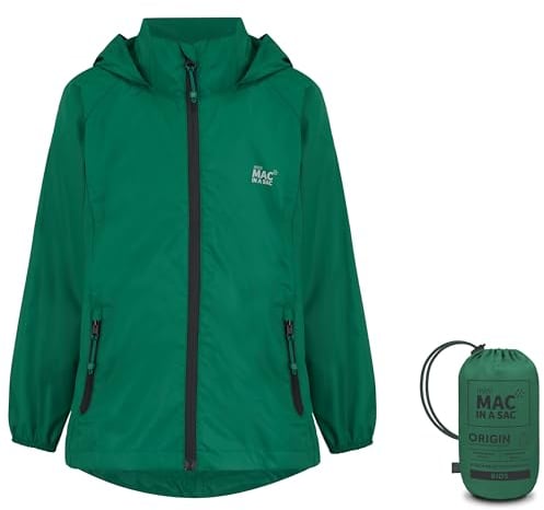 Mac in a Sac - Mini Origin II - Packable Waterproof Jacket for Boys & Girls - Lightweight and Breathable Raincoat that Packs into its own Bag - Bottle Green - 8-10 Years