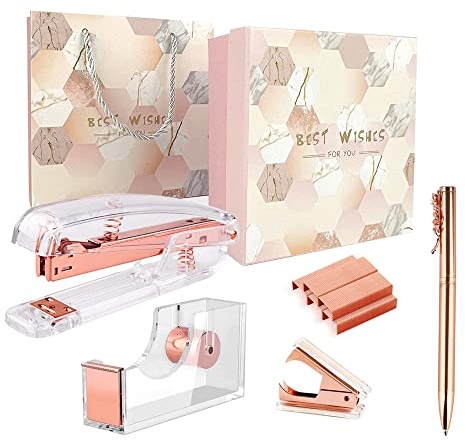 Owfeel Schreibtischzubehör 3 Kits, Rotgold Heftgerät & Klebebandabroller Set inkl. Hefter, Klebebandspender, Heftklammerentferner, Acryl-Hefter Set für Büroangestellten und Studenten (Roségold)