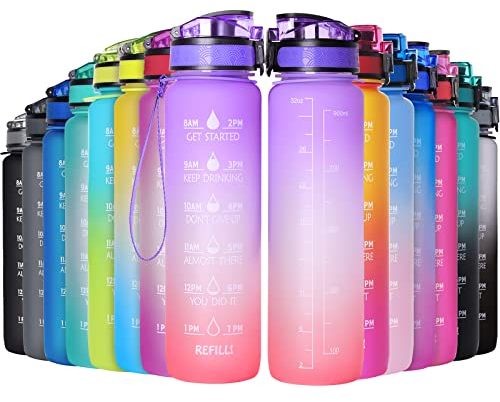 GeeRic Bottiglia Acqua 1 Litro, 1000ML Borraccia Sportiva Portatile Bottiglia Sportiva Scala/Cannuccia/Indicatore di Tempo Prova di Perdite Borraccia Bici 1L per Palestra,Sport,Ciclismo Arancio/Viola