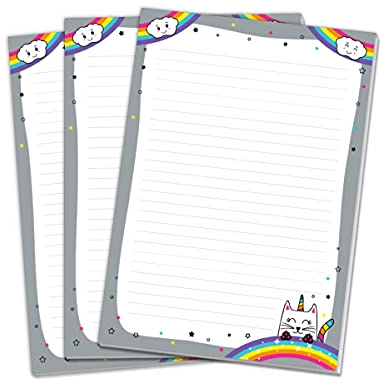 3 Blöcke Einhorn-Katze Schreibblock Notizblock liniert für Kinder Mädchen (3 Blöcke mit je 25 Blätter in A4-Format)