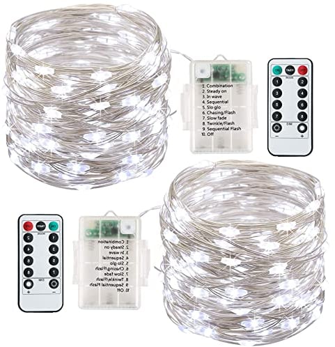 Fairy Lights Battery, 2Pack 13M 120LEDs String Lights Waterproof, Copper Wire Fairy Lights with 8 Modes Remote Control Timer for Bedroom, Garden, Wedding, Party, Festival Decorations (Cold White)