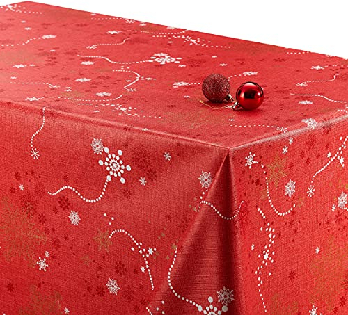 KP HOME Abwischbare PVC Tischdecke Rechteckig 300 x 140 cm, Wasserdichtes Wachstuch, Esstischdecke, Pflegeleicht für Innen/Außenbereich, Rote Weihnachtstischdecke mit Schneeflocken, Goldenen Sternen