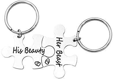 Ayoiow Schlüsselband für Jungs, Puzzle his Beauty her Beast Schlüsselbund Silber Schlüsselanhänger Edelstahl Gravur