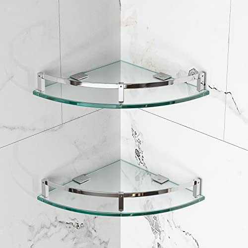 WAKLOND Bathroom Shelves, Glass Shelf Wall Mounted Glass Corner Shower Shelf with 304 Stainless Steel Rail Glass Shelf for Bathroom (2 Packs)
