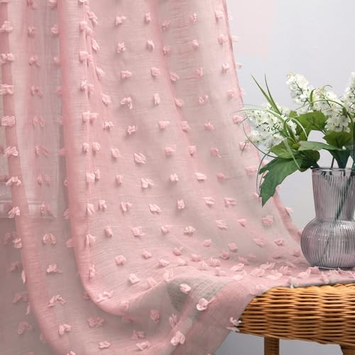 KOUFALL Durchscheinende Vorhänge, Schleife, mit Blumen, Pompons, Boho, Spitze, kokett, für Himmelbett, Schlafzimmer, Schrank, 2 Paneele, 213 cm lang, Hellrosa/blass malvenfarben
