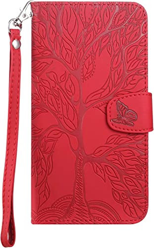 Tiyoo Flip Phone Case for iPhone 6 Plus/6S Plus, Shockproof Leather Wallet Case with The Tree of Life Pattern, Protective Cover with Card Holder and Magnetic Closure,Phone Cover for iPhone 6P/6SP, Red