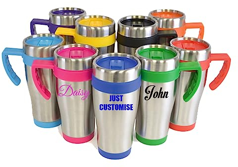 Personalised Custom Travel Mug Stainless Steel Plastic Interior Drink Bottle with Screw Lid and Slide Sipper - Any Name, Word, Business, Sports, School, Promotional Merchandise Teacher Gift