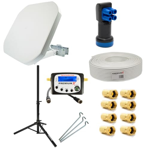 Premium X SAT Anlage Flat43 Flachantenne Quad LNB Dreibein-Stativ 10m Kabel 8X F-Stecker Satelliten-Finder - TV bis 4 Teilnehmer