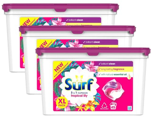 Surf 3-in-1 Tropical Lily Washing Detergent Capsules Brilliant Clean Long Lasting Fragrance and Made with Natural Essential Oil Laundry Detergent XL Pack, 45 Washes (Buy 3)