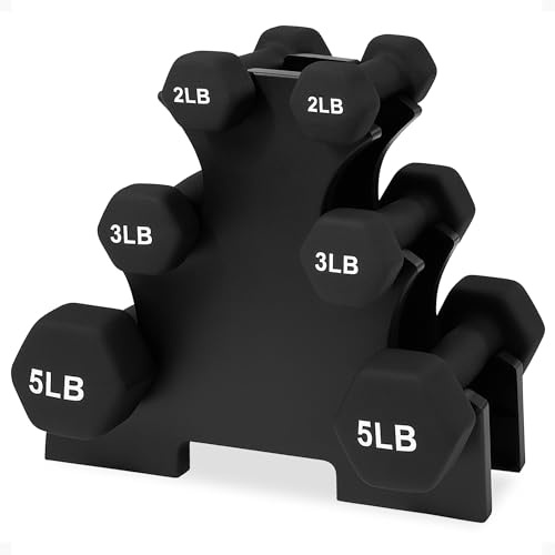 BalanceFrom Neoprene Coated Iron Dumbbell Hex Weights Set with Stand – Color-Coded or Black Options with Non-Slip Grip for Strength Training, Resistance Workouts, and Home Gym Fitness
