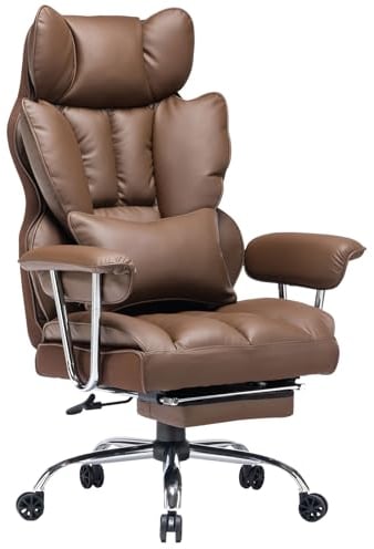 Efomao bürostuhl ergonomisch, PU Leder Chefsessel, bürostuhl 200 kg mit Fußstütze und Lendenwirbelstütze, Verstellbarer Stuhl mit hoher Rückenlehne, Brauner bürostuhl