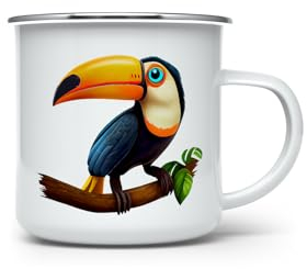 MAXIKIWI Langlebige Emaille-Kaffee- oder Tee-Camping-Tasse für drinnen und draußen, niedlicher Cartoon-Tukan, 350 ml