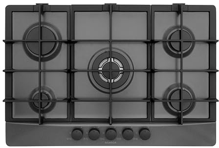 SCHOCK Primus PC75 Plaque de cuisson à gaz 5 brûleurs avec boutons noirs mats doux au toucher, grilles en fonte, soupapes de sécurité, asphalte 740 x 500 mm