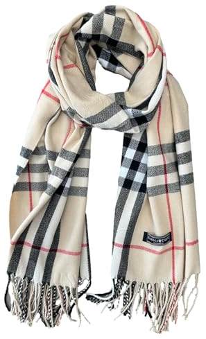 KARMA.DIEM Premium Schal – Cashmere Merino Touch – Luxuriös Weich & Warm – Braun Kariert – 180x65 cm Unisex Pashmina Stola für Damen & Herren (Beige Kariert)