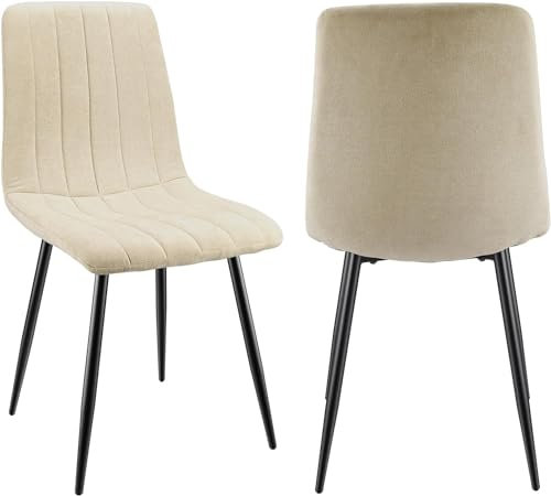 JIJIAN Lot de 2 Chaises de Salle à Manger, Chaises Tapissées en Tissu de Lin et Pieds en Métal Noir, Design Rayé, pour Salle de Séjour Chambre à Coucher Cuisine Salon Réception, Beige