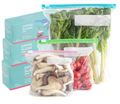 55 Pcs Freezer Bags,Zip Lock Bags, Sandwich Bags Resealable Food Bags with Expandable Bottom,BPA Free Reusable Freezer Bags for Fruits, Vegetables, Meat, Grains