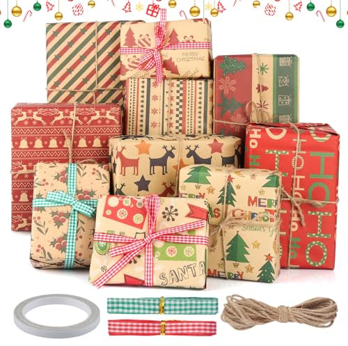 10 Blatt Geschenkpapier Weihnachten Set, 70x50cm Weihnachten Geschenkpapier, Kraftpapier Weihnachtsgeschenkpapier für Geschenkverpackung, Geschenkboxen (mit Hanfseil, Geschenkanhänger)