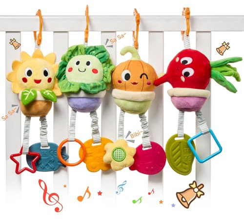 TUMAMA Jouets Bébé Poussettes Landau Suspendu Nouveau-Né 0 3 6 9 12 Mois - Hochet Végétal avec Dentition Jouet, Clochette Jeux Bébé Peluche Landau Le Siège Auto Jouet Voiture Cadeau