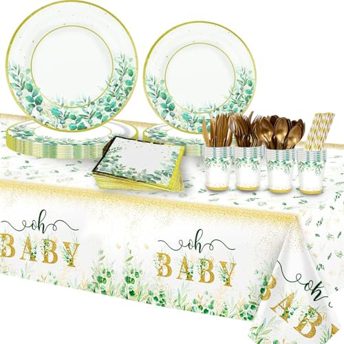 LOSYHU Sage Green Paper Tableware Set for 24 Guests, 193pcs Party Decoration Tableware, Eucalyptus Leaf Paper Plates Knive Fork Spoon Cup for Afternoon Tea Wedding Birthday Party Supplies