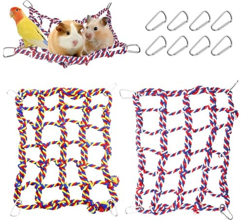 2Pcs Colorful Woven Climbing Net Pet Hammock Netting Toy Hanging Hammock Net with 4 Hooks Bird Ladder Rope Bridge Small Animal Supplies Rope Ladder for Bird, Parrot, Hamster, Squirrel