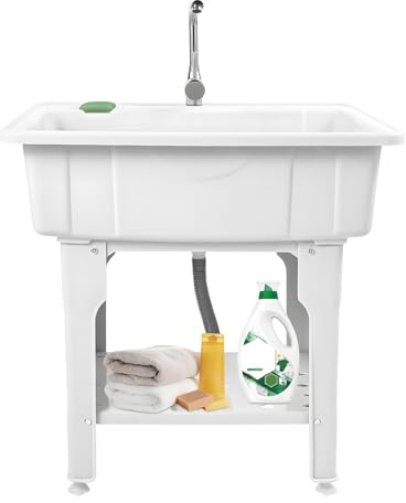 BJTDLLX Utility Sink, Laundry Sink with Faucet & Basement, Freestanding Plastic Indoor&Outdoor Utility Sink Home Laundry Room Sink for Workshop, Garage, Greenhouse (White)