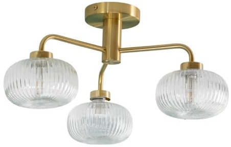 ValueLights | Gold 3 Way Ceiling Light Fitting with Clear Ribbed Lampshade | Close-to-Ceiling Lights, Home Décor & Improvement Essential | IP44 Bathroom