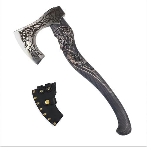 Wikinger Wolf Axt - Scharf Echt Spaltaxt für Holz - Camping Beil Outdoor mit Scheide (Black Wolf Fenrir)