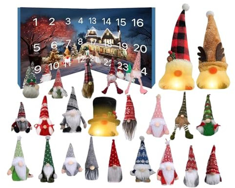 Calendarios de Adviento de gnomos brillantes 2024, calendarios de Adviento de gnomo de Navidad con luces LED, 3 Gnomos brillantes + 21 gnomos, calendario de cuenta regresiva de Navidad, juguete de