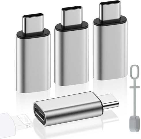 MoKo Lightning auf USB C Adapter 4 Stück, Adapter Lightning auf USB C mit Laden Datenübertragung für iPhone 16/15 Pro Max Plus, iPad, Galaxy S24/S23, mit Anti-Lost Loop, Nicht für Audio/OTG, Silber