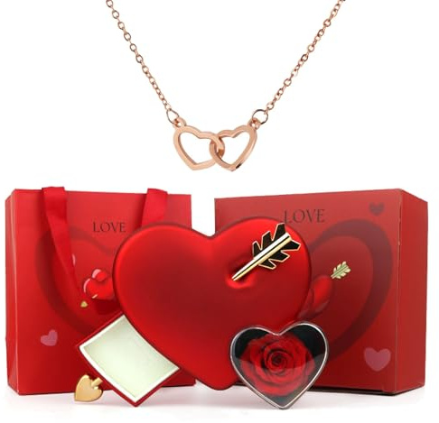 RONGJUEOZ Ewige Rose Love Box mit gravierter Halskette, Rosenbox mit Halskette, künstliche konservierte Blume, Valentinstag, Muttertag für Freundin, Mutter, Geburtstag, Jahrestag (A Red)