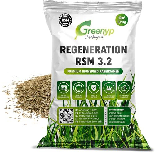 Greenyp Turbo Nachsaat RSM 3.2 I Rasensamen schnellkeimend Frühjahr I 0,2kg für 10m² I Ideal gegen Lücken als Neu- & Nachsaat I 100% RSM Rasensamen I Grassamen Rasensaat Gras Reparaturrasen