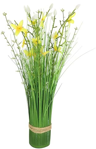 Künstlicher Grasbund mit Blüten Grasarrangement Grasbusch Grasbüschel Deko Bündel Kunstblumen Stehgras Kunstpflanze Kunstgras Grasbündel Grünpflanze Pflanze Ziergras Gräser Sträucher Solitärgras, Gelb