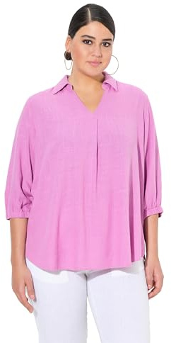 Ulla Popken Tunica dal Taglio Svasato in Misto Lino con Collo da Camicia e Maniche a 3/4 Rosa Freddo 42+ 837662807-42+