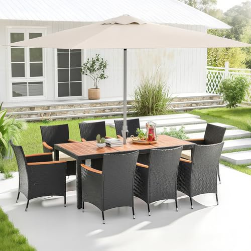GYMAX Table de Jardin avec 8 Chaises, Salons de Jardin Extérieur Rotin pour 8 Personnnes, Table à Manger avec Trous pour Parasol en Bois d'Acacia, Siège Confortable avec Coussins(Noir)
