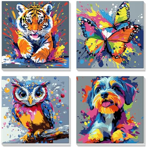 4 Pcs Peinture par Numero Enfant 7 8 9 10 avec Cadre, Tigre, papillon, hibou, chien, Peinture sur Toile Acrylique avec Pinceaux, Débutant Adulte Enfant, Décoration Murale Salon Chambre 20x20cm Animal