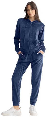 vittorio y Tuta Donna in Velluto Morbido - Tuta Sportiva Completa con Cerniera Frontale per Ginnastica e Casual (IT, Testo, XL, Regular, Regular, Blu)