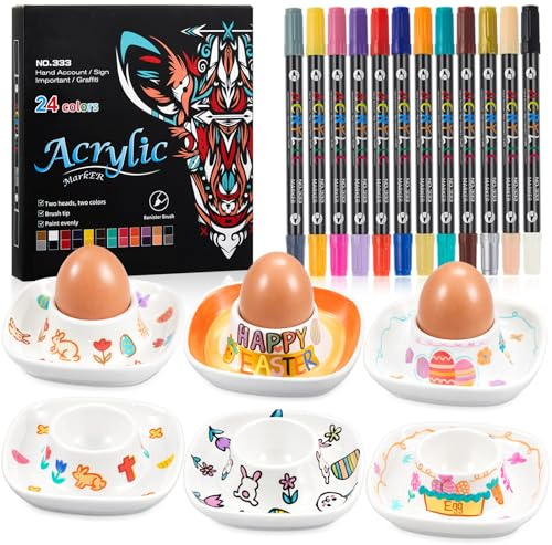 Sinmoe 6 Coquetier Oeuf en Ceramique Peindre Votre Propr Coquetier avec 12 Pièces 24 Couleurs Stylo en Porcelaine et Boîte de Cadeau Support pour Œuf à la Coque pour DIY Cadeau Pâques Anniversaire