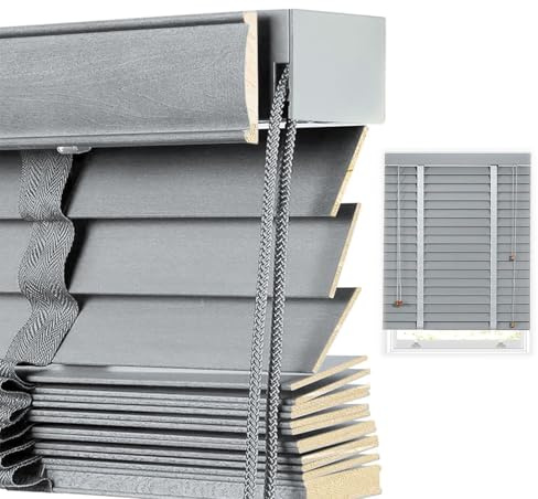 Blackout Wood Venetian Blinds 55cm 60cm 80cm 90cm 100cm 110cm 120cm 130cm 160cm Wide Horizontal Blinds Shutters for Windows 50mm Slats Venetian Blind Easy Fit Curtains(Gray)
