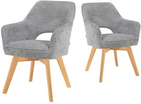 DUBI Möbel Ergonomischer Esszimmerstuhl 2er Set mit Taschenfederkern – 360° Drehbarer Polsterstuhl mit Armlehne – Massivholz Eiche Hell, Belastbar bis 150kg, Hochwertiger Webstoff (Grau/Natur)