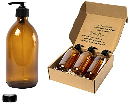 Nomara Organics Amber Soap Dispenser Bottles with Lockable Pumps, 4 Pack, BPA Free Glass, Reusable and Refillable for Handwash, Shampoo, Lotion, oil, or Organic Cosmetics, Gift Set, 300mL